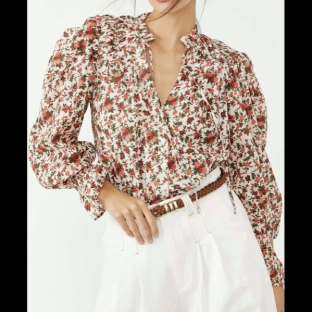 Free People Meant To Be Floral Roses Cotton Poet Blouse Statement Sleeves